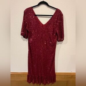 Glamorous Burgundy Sequin V neck Midi Dress